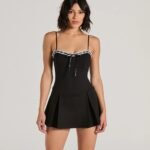 Classy Yet Sassy Lace Trim Pleat Ponte Skater Romper