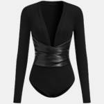 Faux Leather Wrap Waist V-Neck Bodysuit