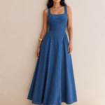 Square Neck Gathered Seam Denim Maxi Dress