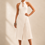 Keyhole Collared Pleated Midi Dress