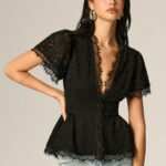 V-Neck Fringe Lace Peplum Short Sleeve Top