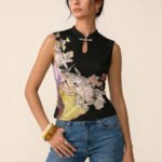 Keyhole Metal Buckle Floral Print Mesh Top