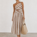 One-Shoulder Striped Ring Detail Midi Dress