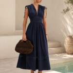Drawstring Shoulder Lace Panel Midi Dress