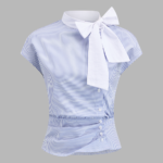 Bow Tie Striped Ruched Cap Sleeve Blouse