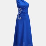 One-Shoulder Seahorse Appliqué Midi Dress