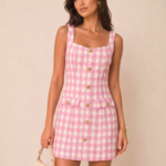 Button Front Gingham Tweed Mini Dress