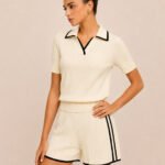 Contrast Trim Rib Knit Two Piece Shorts Set