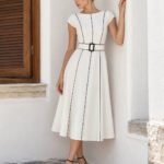 Contrast Piping Belted Cotton Linen Midi Dress