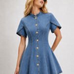 Tulip Short Sleeve Fit Flare Denim Mini Dress